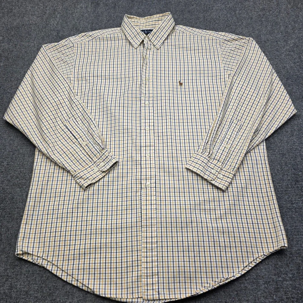 Ralph Lauren Yarmouth Shirt Mens 17 34/35‎ Yellow Navy Check Oxford Button Down